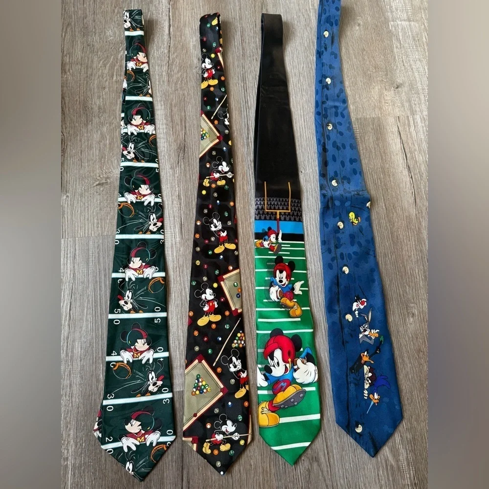 VTG DISNEY Mickey Tie Lot Dress Ties Multi Color LOONEY TUNES Pool Football